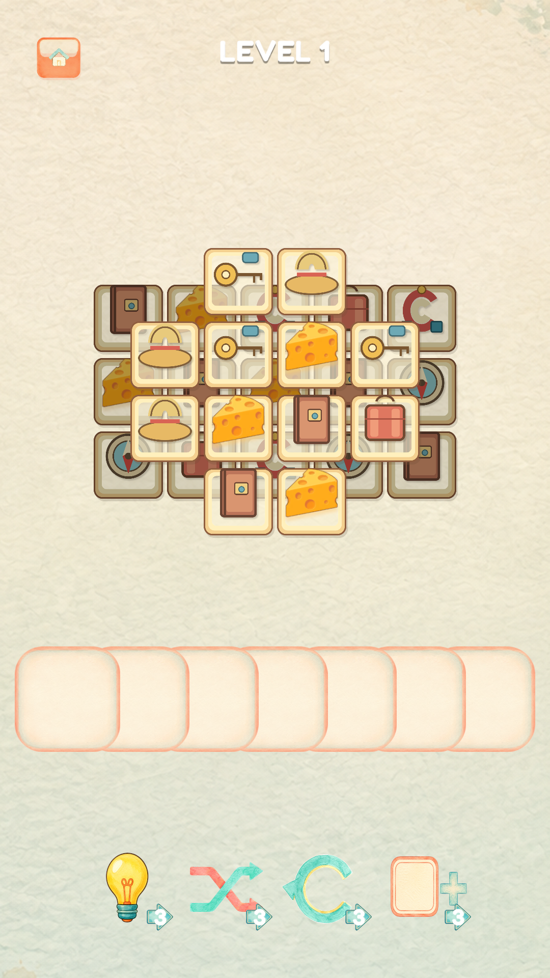 TileTrove Journey gameplay showing a board of travel-themed tiles